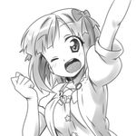  amami_haruka arm_up casual greyscale idolmaster idolmaster_(classic) lowres monochrome one_eye_closed short_hair solo takeya_yuuki 