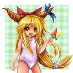  bad_id bad_pixiv_id blonde_hair dot_heit food horns ibuki_suika long_hair low-tied_long_hair object_namesake one-piece_swimsuit popsicle red_eyes school_swimsuit solo swimsuit touhou watermelon_bar white_school_swimsuit white_swimsuit 