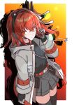  1girl a.i._voice absurdres adachi_rei belt belt_pouch black_shirt commentary cowboy_shot gloves grey_skirt hand_up highres holding jacket looking_at_viewer miniskirt netsu_ijou_(utau) noir_(noire6959) open_clothes open_jacket orange_belt orange_eyes orange_hair outside_border pouch shirt skirt solo standing thighhighs utau white_jacket zettai_ryouiki 