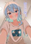  1girl absurdres alternate_costume aqua_hair blue_eyes blue_hair blush ceiling ceiling_light collarbone colored_inner_hair commentary_request from_below grin hair_between_eyes highres hololive hoshimachi_suisei indoors long_hair looking_at_viewer multicolored_hair pov shinonome_sakura shirt short_sleeves sidelocks smile solo star_(symbol) star_in_eye symbol_in_eye t-shirt teeth virtual_youtuber 