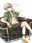  blonde_hair heart jewelry male_focus open_clothes open_shirt origami shirt shorts solo sunglasses to_aru_majutsu_no_index tsuchimikado_motoharu zoff_(daria) 