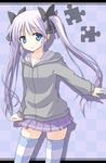  bad_id bad_pixiv_id blue_eyes bow hair_bow hood hood_down hoodie long_hair original pleated_skirt purple_hair ribbon skirt solo striped striped_legwear thighhighs twintails utsurogi_akira 