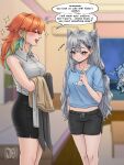  alternate_costume black_shorts blue_eyes blue_hair commentary cone_hair_bun double_bun english_commentary english_text green_hair grey_hair hair_bun highres hololive hololive_english hololive_indonesia jasper_xandros kobo_kanaeru long_hair midriff multicolored_hair open_mouth orange_hair short_shorts shorts skirt smile sparkle speech_bubble takanashi_kiara two-tone_hair vestia_zeta virtual_youtuber 