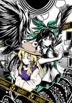  2girls absurdres black_feathers black_hair black_wings blonde_hair bow brown_hat chest_eye collared_shirt commentary_request falling_feathers feathered_wings feathers green_bow green_eyes green_skirt hair_bow hair_ribbon hands_up hat highres long_hair long_sleeves looking_at_viewer moriya_suwako multiple_girls own_hands_together parted_lips puffy_short_sleeves puffy_sleeves purple_vest red_hair red_ribbon reiuji_utsuho ribbon rizadon_(soregashiorigin) shirt short_sleeves sign skirt sleeves_past_wrists sweatdrop touhou vest warning_sign white_background white_shirt wings 