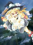  alternate_eye_color blonde_hair bow dragon_ball dragon_ball_z foreshortening frills hands hat kamehameha kinntarou kirisame_marisa long_hair magic_circle master_spark parody red_eyes solo touhou witch_hat 