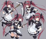  airi_(queen's_blade) bad_id bad_pixiv_id black_legwear bow breasts cleavage domu green_eyes hair_bow high_heels long_hair looking_back maid maid_headdress medium_breasts open_mouth panties queen's_blade red_hair ribbon scythe shoes thighhighs twintails underwear weapon white_panties wrist_cuffs 