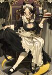  1girl ahoge animal_ear_hairband animal_ears animal_on_lap apron bell black_choker black_dress black_eyes black_flower black_ribbon black_rose black_shoes bow breasts brown_hair cake cake_slice cat cat_cutout cat_ear_hairband cat_ears cat_on_lap chair checkered_floor choker cleavage closed_mouth clothing_cutout commentary crescent cropped cup curtains curtsey disposable_cup dress english_commentary fake_animal_ears flower food full_body glasses hair_bow hairband hands_up highres holding holding_plate ice_cream juliet_sleeves large_breasts long_sleeves looking_at_viewer looking_over_eyewear maid maid_apron maid_headdress neck_bell olverse on_chair on_lap original pantyhose plate poch4n puffy_sleeves ribbon rose scissors semi-rimless_eyewear shadow shoes solo thick_eyebrows timid_office_lady_(poch4n) twintails white_apron white_flower white_pantyhose white_rose wooden_chair 