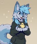4_fingers ambiguous_gender anthro avian beak bird black_clothing black_eyebrows black_hoodie black_nose black_pawpads black_topwear blue_body blue_eyes blue_fur blue_hair bottomless canid canine cel_shading cheek_tuft chicken clothed clothing colored colored_sketch digital_drawing_(artwork) digital_media_(artwork) duo eyebrows facial_tuft fangs feral fingers fleurfurr fur galliform hair happy hi_res holding_another hoodie hoodie_only long_hair male mammal open_beak open_mouth open_smile pawpads phasianid shaded simple_background sketch smile snout tail teeth topwear topwear_only tuft