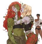  3girls batman_(series) black_cat black_hair black_panties blonde_hair blood blood_from_mouth blood_on_face cat catwoman colored_skin crop_top dark-skinned_female dark_skin dc_comics green_skin harley_quinn highres long_hair marceline2174 multiple_girls nosebleed panties poison_ivy red_hair selina_kyle short_hair tongue tongue_out underwear white_background yuri 