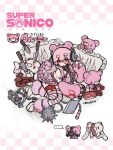  1girl animal_ear_hairband animal_ears bear_ear_hairband bear_ears bear_trap claw_mark cleaver commentary cosplay dress fake_animal_ears fake_claws full_body gloomy_bear gloomy_bear_(cosplay) gloves grg_x_super_sonico hairband headphones highres iewa intestines itazuraguma_no_gloomy knife leg_warmers looking_at_viewer mace mask nitroplus open_mouth pillow pink_dress pink_gloves pink_leg_warmers pink_thighhighs red_eyes solo spiked_mace spikes stuffed_animal stuffed_rabbit stuffed_toy super_sonico teddy_bear thighhighs weapon 