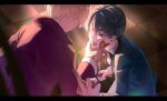  2boys absurdres alois_trancy blonde_hair blood blood_on_ground blood_on_hands blue_eyes blue_hair blue_jacket blurry blurry_foreground ciel_phantomhive earrings eyepatch hand_on_another's_cheek hand_on_another's_face highres holding holding_sword holding_weapon huji0823 jacket jewelry kuroshitsuji letterboxed long_sleeves male_focus middle_finger multiple_boys neck_ribbon ribbon ring shirt short_hair stab sword weapon white_shirt 