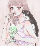 1girl animal animal_on_shoulder breasts brown_hair cat cat_on_shoulder cherry cleavage commentary_request crop_top cropped_shirt cup drinking_glass drinking_straw eyelashes fingernails food frilled_shirt frills from_side fruit grey_eyes hands_up highres holding holding_cup holding_food holding_fruit kayoko_chima long_hair looking_at_viewer looking_to_the_side low_neckline medium_breasts original parted_lips pet pink_lips shirt signature sleeveless sleeveless_shirt solo striped_clothes striped_shirt thigh_strap turning_head upper_body vertical-striped_clothes vertical-striped_shirt wispy_bangs 
