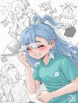  1girl alternate_costume blue_hair closed_eyes commentary english_commentary english_text highres hololive hololive_indonesia jasper_xandros kobo_kanaeru long_hair multicolored_hair shirt simple_background smile solo t-shirt two-tone_hair virtual_youtuber white_background white_hair 