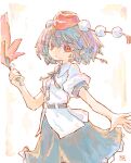  1girl black_skirt breasts brown_hair collared_shirt commentary frilled_skirt frills hat hauchiwa highres holding looking_at_viewer medium_hair missing_wings pointy_ears pom_pom_(clothes) puffy_short_sleeves puffy_sleeves red_eyes red_hat ringed_eyes shameimaru_aya shirt short_sleeves skirt small_breasts solo tokin_hat touhou white_shirt yamasina009 