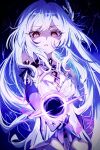  1girl azurelight_(genshin_impact) back_fin black_hole black_unitard blue_hands broken_glass butterfly_hair_ornament commentary_request crystal_shards dress genshin_impact glass gloves gradient_thighhighs hair_ornament hi_suix2 highres object_floating_above_hand purple_gloves purple_hands skirk_(genshin_impact) white_dress 