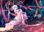  barefoot bat_wings birdcage blue_flower blue_hair blue_rose cage checkered checkered_floor dress feet flower hat kieta long_legs perspective petals red_eyes remilia_scarlet rose short_hair sitting solo touhou wings 