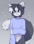 ahoge anthro blue_clothing blue_shirt blue_topwear blush bottomwear cel_shading clothed clothing colored digital_drawing_(artwork) digital_media_(artwork) dipstick_tail domestic_cat felid feline felis fleurfurr green_eyes hair hi_res long_sleeves male mammal markings multicolored_hair panties pantsless pattern_bottomwear pattern_clothing pattern_panties pattern_underwear pink_nose shaded shirt short_hair simple_background solo striped_bottomwear striped_clothing striped_panties striped_underwear stripes tail tail_markings topwear two_tone_hair underwear