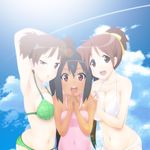  bikini black_hair blush breast_press breasts brown_eyes brown_hair cloud day eunos hair_ribbon hirasawa_ui k-on! large_breasts long_hair multiple_girls nakano_azusa open_mouth ponytail ribbon round_teeth short_hair short_twintails sky small_breasts smile sun_glare suzuki_jun swimsuit tan teeth twintails 