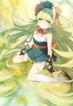  bad_id bad_pixiv_id bare_shoulders bonnet bow dress green_eyes green_hair highres kippu kneehighs legs long_hair looking_up mole mole_under_mouth original reflection shoes short_dress sitting sleeveless smile socks solo tape very_long_hair wariza white_legwear 