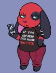 2024 animal_crossing anthro black_body black_fur blue_eyes bottomwear breasts canid canine canis checkered checkered_bottomwear checkered_clothing checkered_pants cherry_(animal_crossing) closed_frown clothing domestic_dog electronics english_text eyelashes female floppy_ears frown fur gloves_(marking) half-closed_eyes holding_object holding_phone mammal markings mouth_closed multicolored_body multicolored_fur narrowed_eyes nintendo oofmasterxd overweight overweight_anthro overweight_female pants pattern_bottomwear pattern_clothing pattern_pants pawpads phone pink_inner_ear pink_nose print_clothing print_shirt print_topwear purple_background red_body red_bottomwear red_clothing red_fur red_pants shirt simple_background small_breasts solo spots text topwear wide_hips
