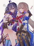  2girls ahoge arm_around_shoulder artist_name black_gloves black_hair bronya_rand cheek_poking crossed_bangs gloves grey_eyes grey_hair hair_between_eyes heart highres honkai:_star_rail honkai_(series) long_hair multiple_girls p_811679 poking purple_eyes purple_hair seele_(alter_ego) seele_vollerei sitting smile very_long_hair 
