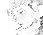  1boy blush commentary_request earmuffs greyscale highres itadori_yuji jujutsu_kaisen male_focus monochrome no_seng07 open_mouth scar scar_on_face scar_on_forehead scar_on_mouth short_hair simple_background solo undercut white_background winter 