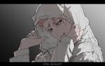  1boy adjusting_hood black_border border grey_jacket highres hood hood_up hooded_jacket itadori_yuji jacket jujutsu_kaisen letterboxed looking_at_viewer male_focus no_seng07 pink_hair scar scar_on_face scar_on_forehead scar_on_mouth short_hair solo twitter_username zipper zipper_pull_tab 