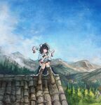  1girl absurdres black_hair black_skirt blue_sky boots brown_boots cloud collared_shirt commentary_request day frilled_skirt frills ge_dazuo hat highres holding holding_pen knee_boots mountainous_horizon on_roof pen pom_pom_(clothes) red_eyes red_hat shameimaru_aya shirt sitting sitting_on_roof skirt sky smile solo tokin_hat touhou white_shirt 
