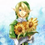  bad_id bad_pixiv_id blonde_hair blue_eyes flower grin hat link male_focus one_eye_closed pointy_ears smile solo sunflower suzuno_(kazahanasu) the_legend_of_zelda 