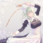  1girl alternate_costume apron black_dress breasts closed_eyes closed_mouth clumsy commentary_request cup dress enmaided female_byleth_(awakened)_(fire_emblem) female_byleth_(fire_emblem) fire_emblem fire_emblem:_three_houses frilled_dress frills green_hair highres holding holding_saucer holding_teapot long_sleeves maid maid_apron maid_headdress medium_breasts medium_hair official_alternate_hair_color orio_(oront1y) pouring puffy_long_sleeves puffy_sleeves saucer smile solo tea teacup teapot waist_apron white_wrist_cuffs wrist_cuffs you're_doing_it_wrong 