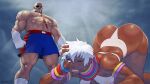  1boy 1girl 2025 abs absurdres armlet artist_name ass ass_focus back bald bandeau blue_eyes bracelet broad_shoulders bruise calflet capcom clenched_hands clenched_teeth commentary commentary_request dark-skinned_female dark_skin downward_dog elena_(street_fighter) eyepatch facing_viewer fighting_game fingernails from_below hand_on_own_head hand_wraps highres injury jewelry jiggeh leaning_forward lips looking_at_another muay_thai muscular muscular_male neck_ring nose obliques one_eye_closed sagat scar shorts simple_background street_fighter t-back tan teeth thong toned toned_female translation_request upper_body very_dark_skin white_bandeau white_hair 