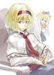  alice_margatroid blonde_hair blue_eyes bow face hair_bow hairband hands_clasped necktie own_hands_together shanghai_doll shirabi short_hair sitting smile solo touhou 