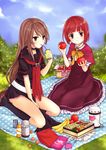  akai_ringo_(ookami-san) apple bad_id bad_pixiv_id banana bangs basket belt between_legs blunt_bangs bob_cut bow brand_name_imitation brown_eyes brown_hair capelet dress drink drinking_straw flat_chest food fruit hand_between_legs holding holding_food holding_fruit kamon_(shinshin) kneeling long_hair multiple_girls obentou object_namesake ookami-san ookami_ryouko picnic pocari_sweat pocky red_hair school_uniform short_hair sitting skirt smile very_long_hair 