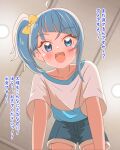  1girl absurdres ahoge blue_eyes blue_hair blue_shorts blush bow commentary cut_bangs hair_bow highres hirogaru_sky!_precure indoors looking_at_viewer medium_hair open_mouth pov precure shinonome_sakura shirt short_sleeves shorts side_ponytail single_sidelock smile solo sora_harewataru translated two-tone_shirt yellow_bow 