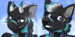  2:1 anthro canid canine collar dragon fox fur furred_dragon furred_scalie horn looking_aside looking_at_viewer male mammal mythological_creature mythological_scalie mythology rindeadsong scalie smile solo teeth transformation 