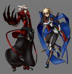  belt black_pants blazblue blonde_hair blue_footwear boots gloves green_eyes jin_kisaragi male_focus multiple_boys pants ragna_the_bloodedge soojie_roh sword weapon white_hair yukianesa 