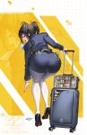  1girl ass ass_focus bent_over black_hair black_jacket black_pantyhose black_skirt blush breasts commentary_request condom condom_wrapper flight_attendant from_behind goddess_of_victory:_nikke high_heels highres jacket long_hair long_sleeves open_mouth pantyhose pencil_skirt picking_up red_eyes rolling_suitcase skirt smile solo sora_(nikke) suitcase travel_attendant trhisell twintails white_pantyhose 