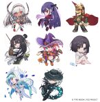  3boys 5girls altera_(fate) ankle_garter aqua_hair asagami_fujino asagami_fujino_(third_ascension) bandeau bare_shoulders barefoot basket bikini black_bikini black_bow black_choker black_eyes black_hair black_kimono black_lips black_sandals black_sclera black_shoes black_sleeves black_thighhighs blue_eyes blue_flower blue_hair blue_rose blunt_ends boots bottle bow bracelet bright_pupils brynhild_(fate) brynhild_(swimsuit_berserker)_(third_ascension)_(fate) candy cape chibi choker closed_mouth colored_inner_hair colored_sclera commentary_request company_name cookie copyright_notice cross-shaped_pupils cup curtained_hair curved_horns dark-skinned_female dark_skin detached_sleeves disposable_cup disposable_ice_cream_cup dragon_girl dragon_horns dress earrings edmond_dantes_(fate) edmond_dantes_(second_ascension)_(fate) elizabeth_bathory_(fate) elizabeth_bathory_(halloween_caster)_(fate) fake_horns falling_petals fangs fate/grand_order fate_(series) fish fishing_rod floral_print floral_print_kimono flower food frilled_hat frills gold_bracelet green_hat green_jacket green_pants grey_eyes grey_hair haagen-dazs hair_bow half_updo hand_on_own_chest hand_up hat helmet highres holding holding_candy holding_food holding_ice_cream holding_lollipop holding_shoes holding_sword holding_unworn_clothes holding_weapon horned_helmet horns horns_through_headwear ice_cream ice_cream_spoon jacket japanese_clothes jewelry kimono knee_up lollipop long_hair long_sleeves looking_at_viewer looking_to_the_side mouth_hold multicolored_hair multiple_boys multiple_bracelets multiple_girls no_pants official_art okobo open-toe_boots open_mouth orange_boots orange_dress outstretched_arm pants parted_bangs petals photon_ray_(fate) pink_hair platform_sandals print_kimono pumpkin_choker purple_dress purple_eyes purple_hair purple_hat purple_horns red_cape red_eyes red_shawl red_shoes robe romulus_(fate) rose ryougi_shiki sandals shawl shirt shoes short_hair shugao simple_background sitting smile socks spider_lily_print spoon standing swimsuit swirl_lollipop sword symbol-shaped_pupils taigong_wang_(fate) taigong_wang_(third_ascension)_(fate) thighhighs topknot two-sided_fabric two-sided_headwear two-tone_dress two_side_up unworn_shoes utensil_in_mouth veil water_bottle weapon white_background white_bandeau white_bikini white_hair white_pupils white_robe white_shirt white_sleeves white_socks white_veil white_wrist_cuffs wide_sleeves witch_hat wrist_cuffs yellow_eyes 