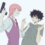  29o52413 anger_vein arms_up black_hair blue_eyes clothes_grab collared_shirt ear_piercing grabbing_another's_shirt gun hair_between_eyes hanagaki_takemichi holding holding_gun holding_weapon long_hair long_sleeves male_focus meme_request mullet necktie piercing pink_hair purple_necktie purple_vest sanzu_haruchiyo scar scar_on_face scar_on_mouth shirt short_hair simple_background straight_hair t-shirt tokyo_revengers upper_body vest weapon white_shirt 