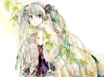  bad_id bad_pixiv_id bare_shoulders blue_eyes detached_sleeves ebisu_kana flower hatsune_miku headset leaf long_hair multicolored_hair necktie skirt solo traditional_media twintails very_long_hair vocaloid watercolor_(medium) 
