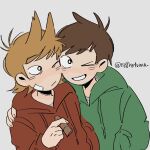  >_o 2boys animification antenna_hair arm_around_shoulder bandage_on_cheek blush brown_hair cheek-to-cheek cigar commentary drawstring edd_(eddsworld) eddsworld flat_color flipped_hair green_hoodie grey_background grin hair_behind_ear hair_ears heads_together highres holding holding_cigar hood hood_down hoodie long_sleeves looking_at_viewer male_focus multiple_boys one_eye_closed red_hoodie retoma_(re8retoma) short_hair signature simple_background sketch smile tord_(eddsworld) twitter_username untranslatable_commentary upper_body white_eyes 