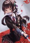  1girl absurdres black_hair commentary_request epaulettes flower green_eyes hair_ribbon hair_tie heaven_burns_red highres holding holding_sword holding_weapon katana looking_to_the_side military_uniform natsume_inori neck_ribbon no53_(pixiv_77486930) ponytail purple_ribbon red_ribbon ribbon single_epaulette slicing spider_lily sword weapon 
