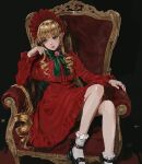  1girl black_background blonde_hair blue_eyes blunt_bangs blush bonnet bow bow_flower bowtie capelet chair dress drill_hair finger_to_face frills hand_rest jun89190 lolita_fashion long_hair long_sleeves looking_to_the_side low_twintails mary_janes red_dress rozen_maiden shinku shoes sidelocks sitting socks solo twintails 