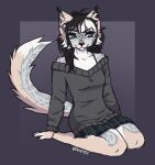 accessory anthro arm_tuft barbell_piercing berketex black_eyeshadow black_hair black_nose blue_bottomwear blue_clothing blue_eyes blue_skirt bottomwear cheek_tuft clothing domestic_cat ear_piercing ear_tuft eyeshadow facial_piercing facial_tuft felid feline felis female fingerless_(marking) full-length_portrait fur grey_body grey_clothing grey_fur grey_markings grey_sweater grey_topwear hair hair_accessory hairclip hi_res highlights_(coloring) industrial_piercing inner_ear_fluff kneeling leg_tuft leopard_spots lip_piercing makeup mammal markings off_shoulder_shirt pattern_bottomwear pattern_clothing pattern_skirt piercing plaid plaid_bottomwear plaid_clothing plaid_skirt portrait shoulder_tuft simple_background skirt snakebite_piercing solo spots star_(marking) sweater tan_markings topwear tuft white_highlights white_markings