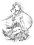  amano_tooko book bow braid bungaku_shoujo cropped_legs dekatanaba greyscale highres jpeg_artifacts long_hair monochrome paper ribbon school_uniform serafuku sketch skirt solo traditional_media twin_braids twintails very_long_hair 