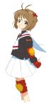  1girl antenna_hair black_shirt brown_hair cardcaptor_sakura elbow_pads from_side hair_bobbles hair_ornament highres kinomoto_sakura knee_pads necktie sailor_collar school_uniform shirt short_hair simple_background skirt smile solo tomoeda_elementary_school_uniform traffic_(ntraffic1) white_background white_necktie white_sailor_collar white_skirt 
