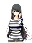  bangs black_hair breasts collarbone curvy dress durarara!! green_eyes groin hair_tucking highres huge_breasts impossible_clothes long_hair looking_at_viewer prison_clothes shuz_(dodidu) smile solo striped sweater sweater_dress swept_bangs taut_clothes transparent_background very_long_hair wide_hips yagiri_namie 