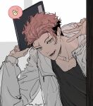  1boy black_hair black_shirt brown_eyes full-length_zipper highres holding holding_notebook hood hood_down hooded_jacket itadori_yuji jacket jujutsu_kaisen jujutsu_kaisen_modulo looking_at_viewer male_focus multicolored_hair no_seng07 notebook open_clothes open_jacket pink_hair scar scar_on_face scar_on_forehead scar_on_mouth shirt solo speech_bubble twitter_username two-tone_hair undercut unzipped zipper 