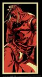  1boy araki_hirohiko_(style) armband belt belt_buckle black_border border bridal_gauntlets buckle cape cowboy_hat goggles goggles_on_headwear gyro_zeppeli hat hatching_(texture) highres holding holding_belt jjba_kk jojo_no_kimyou_na_bouken long_hair male_focus monochrome pants shirt short_sleeves solo steel_ball_run studded_belt web_address 