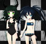  arm_hug arms_behind_back ass_visible_through_thighs bad_id bad_pixiv_id bikini black_hair black_rock_shooter black_rock_shooter_(character) blue_eyes breasts casual_one-piece_swimsuit checkered checkered_background cleavage dead_master frown long_hair medium_breasts moorina multiple_girls navel one-piece_swimsuit shorts small_breasts standing swimsuit twintails 